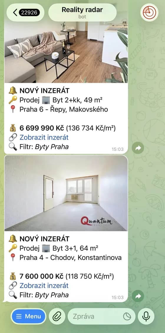 Chat s botem: upozornění na novou nabídku nemovitosti