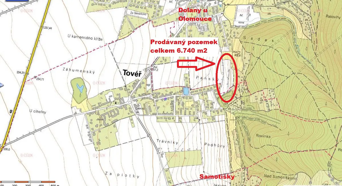 Prodej pozemku 6740 m², Tovéř · okres Olomouc