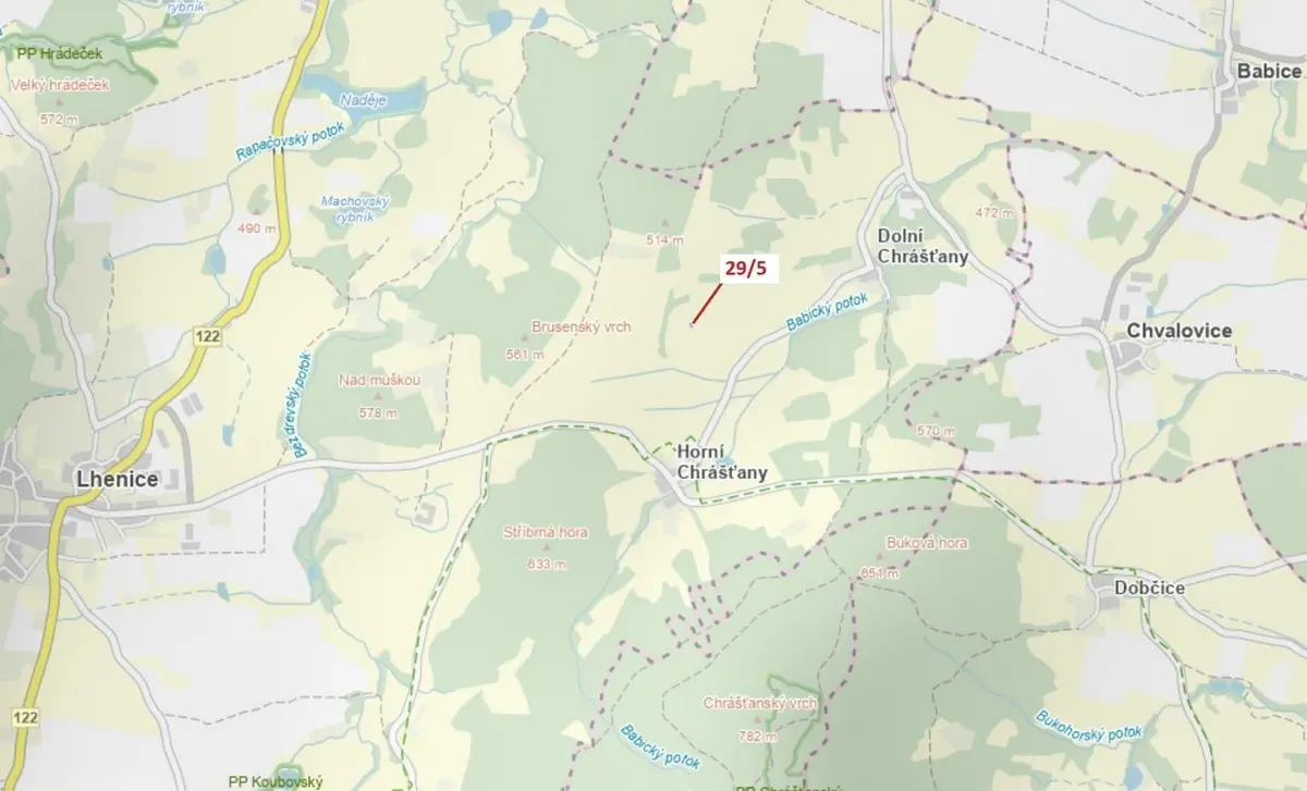 Prodej pozemku 190 m², Horní Chrášťany · Lhenice