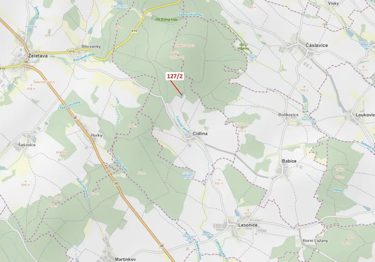 Prodej pozemku 1615 m², Cidlina na Moravě · Cidlina