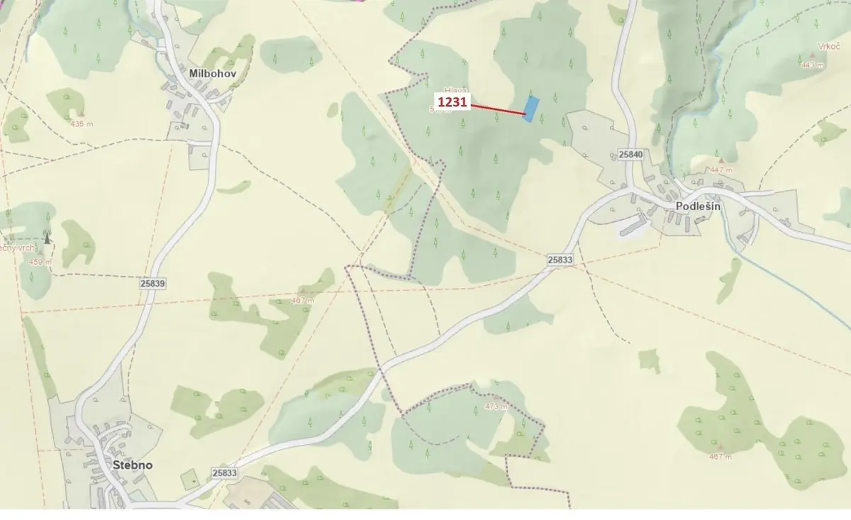 Prodej pozemku 1462 m², Podlešín u Stebna · Stebno